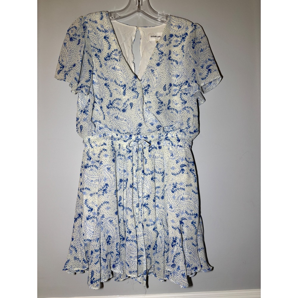 Sugar Lips Romper Dress Womens Medium Blue White Paisley Floral V-Neck
